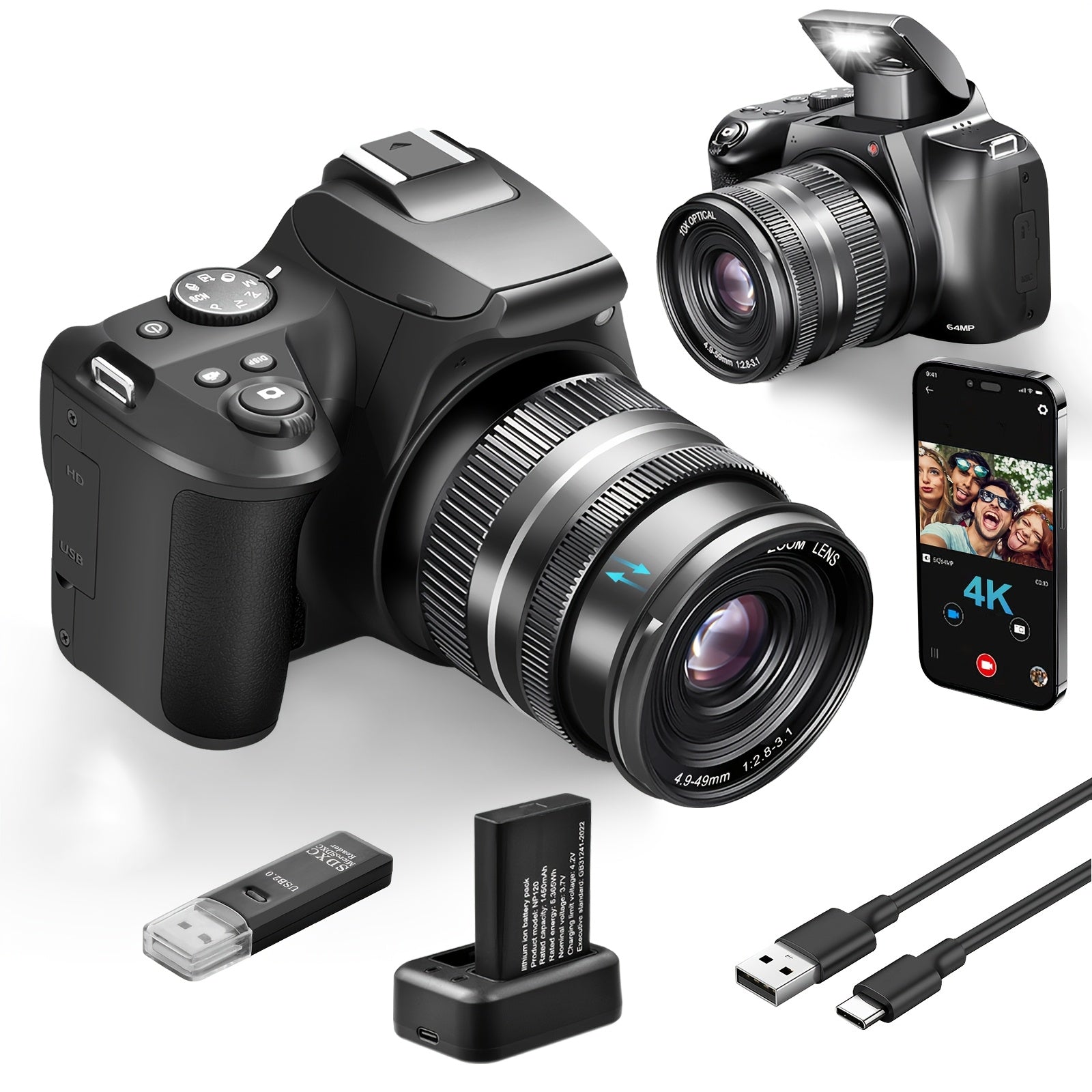 4K Digital Camera For Photography, 10X Optical Zoom Vlogging Camera For YouTube 64MP Autofocus Compact Camera With 64GB SD Card, Battery, USB Card Reader & Charging Stand - iBrightCS