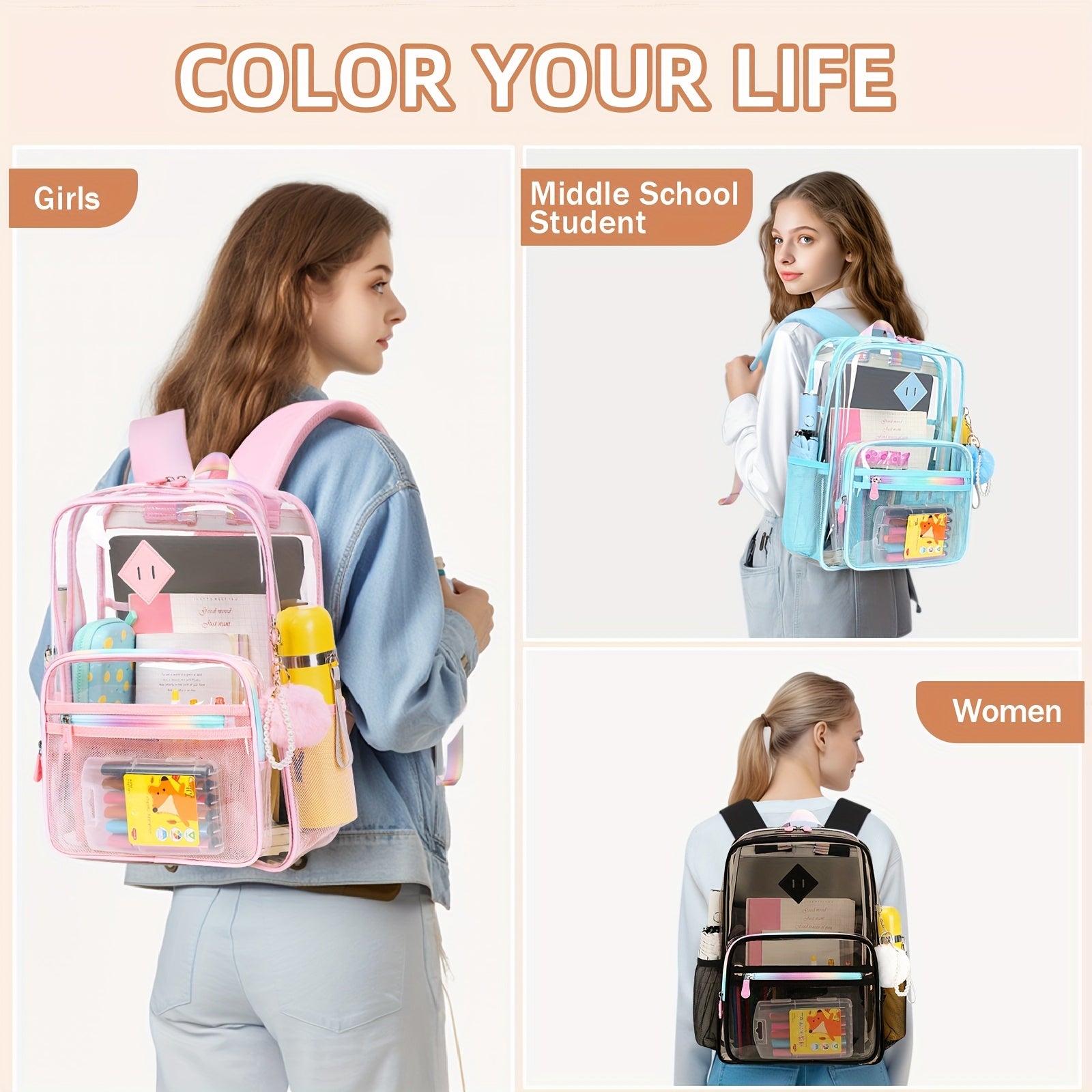 Backpacks Fashion Leisure Backpacks Go Out Transparent Student Backpacks TPU Multi-function Large Capacity Women'S Schoolbags - iBrightCS