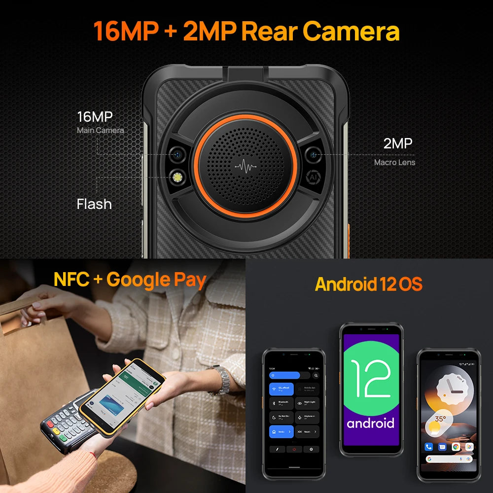 Ulefone Power Armor 16 Pro 9600mAh Rugged Waterproof Smartphone 64G ROM Android 12 NFC  Rugged Phone 2.4G/5G WiFi Global Version