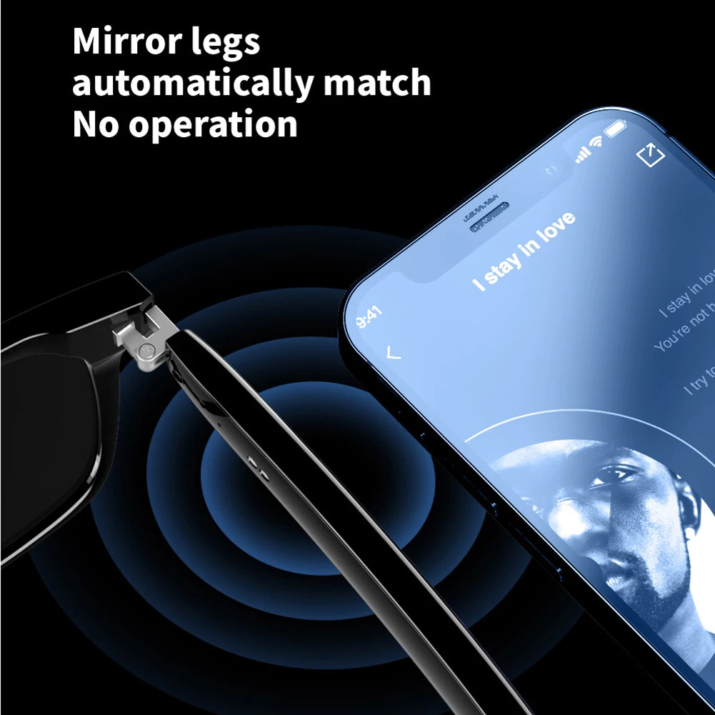 Phone with a music app on screen and a stand holding it, with text about mirror legs automatically matching.