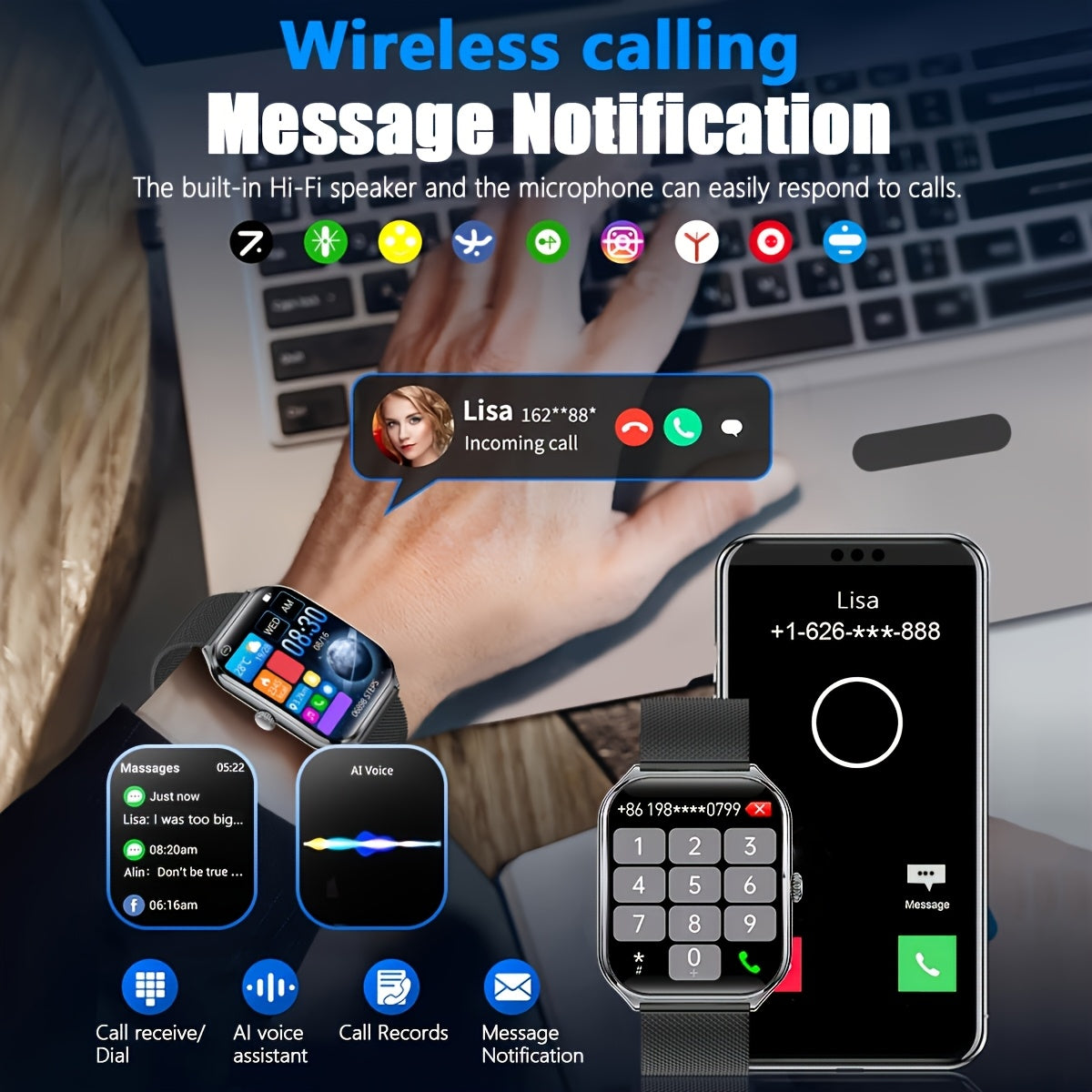 DAORKOW Slim 1.96-inch AMOLED Smartwatch, HD Resolution, High Quality, Wireless 5.2, Multi-sport Mode Music And Call Capabilities, Alloy Body, Silicone Strap, Rechargeable Lithium Polymer Battery for iPhone And Android - iBrightCS