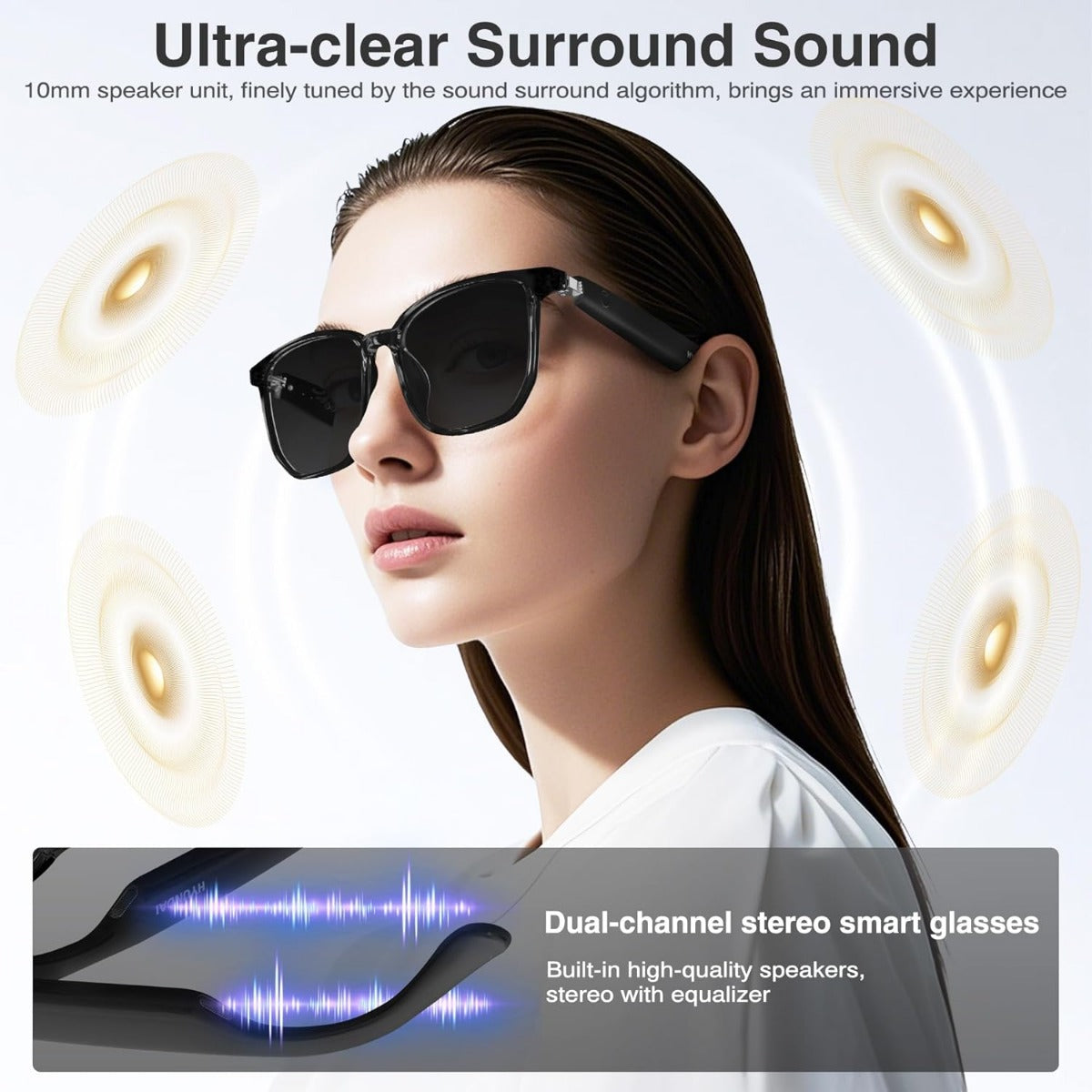 Woman wearing black sunglasses with sound wave graphic and text about ultra-clear surround sound and dual-channel stereo smart glasses.