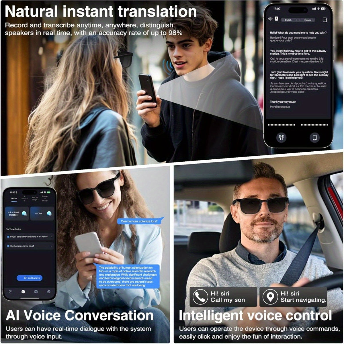 Collage of people using a translation app on their phones with text about natural instant translation and AI voice conversation.