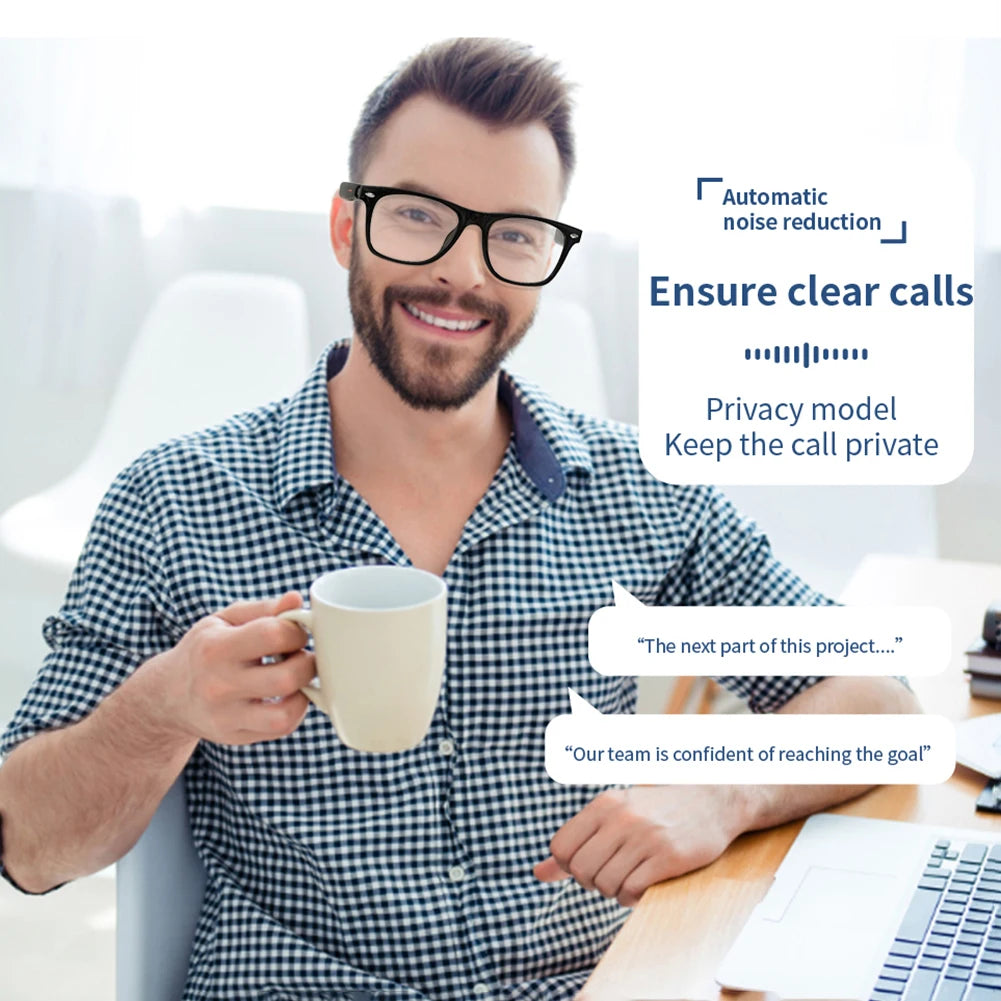 Man with glasses holding a mug, sitting at a desk with text about clear calls and privacy model.
