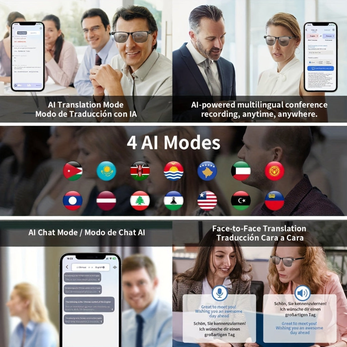 Promotional graphic for AI translation modes with people in a conference setting and smartphone screens showing translation interfaces.