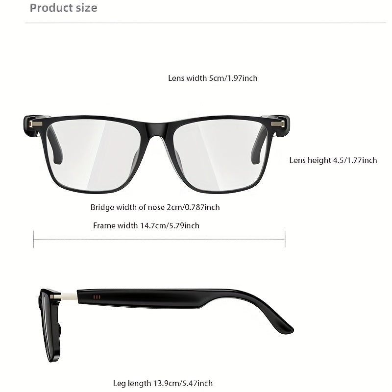 Black eyeglasses with measurements on a white background
