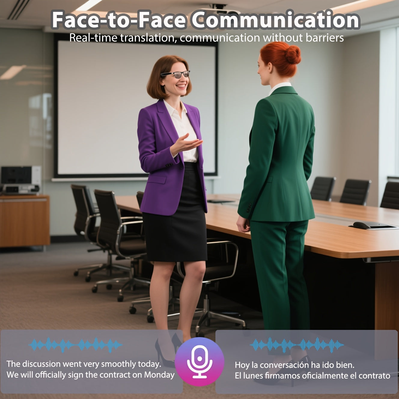 Two women in a conference room with text about face-to-face communication and real-time translation.