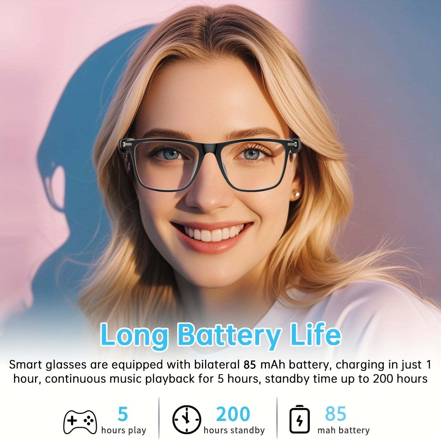 Smart glasses with a woman wearing them, featuring text about battery life and features.