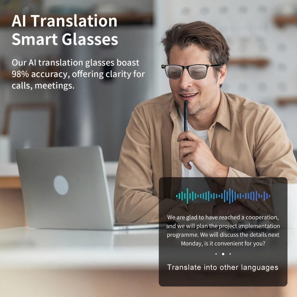 Man wearing AI translation smart glasses with a laptop, text translation feature displayed.