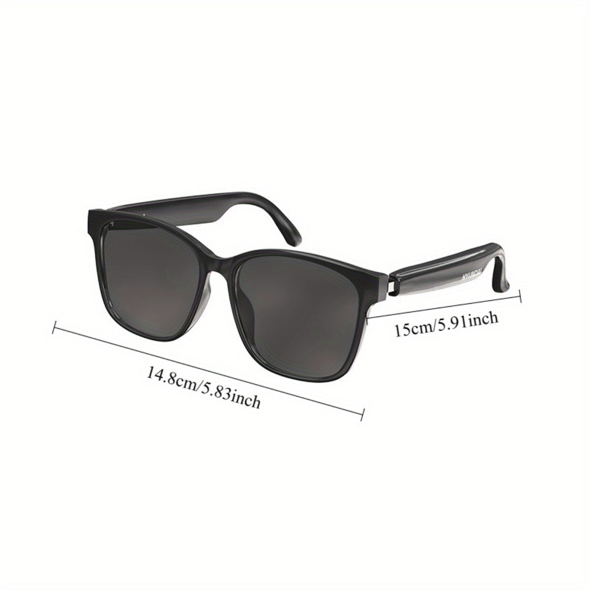 Black sunglasses with measurements on a white background