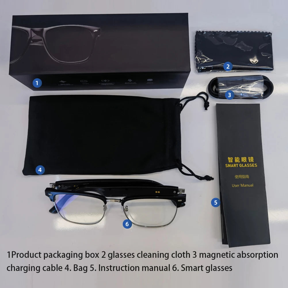 Smart glasses with packaging, cleaning cloth, charging cable, and user manual on a white background.