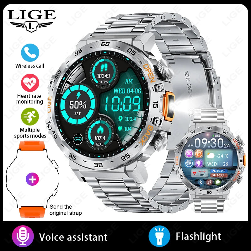 LIGE 2024 Smart Watch Men 360*360 AMOLED HD Screen Waterproof Sport Fitness Watches Flashlight New Men Smartwatch For Andrio IOS