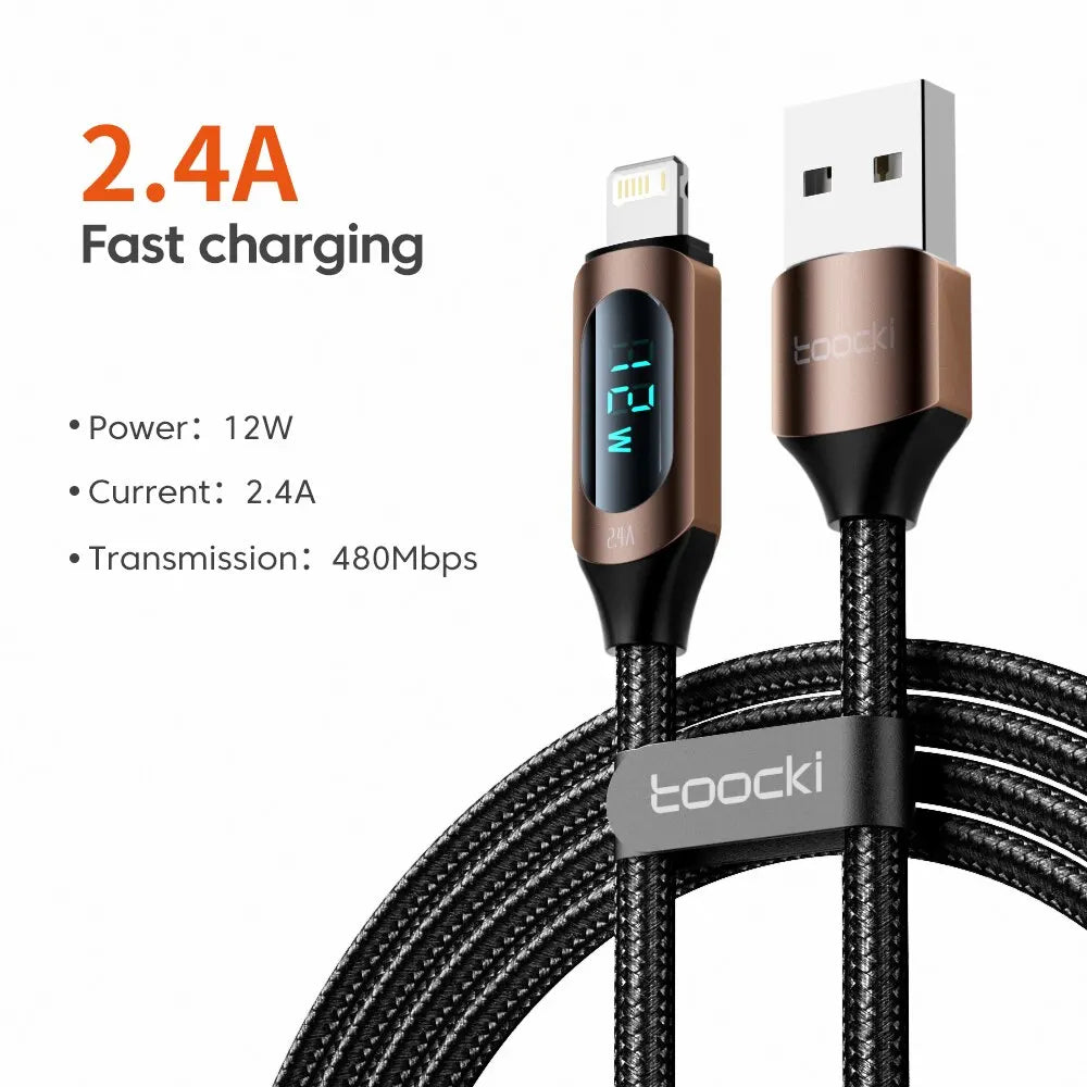 LED Display USB Cable For iPhone 14 13 12 11 Pro Max Fast Charger Charging Lightning 2.4A USB Wire Cord X XR 8 7 1m 2m