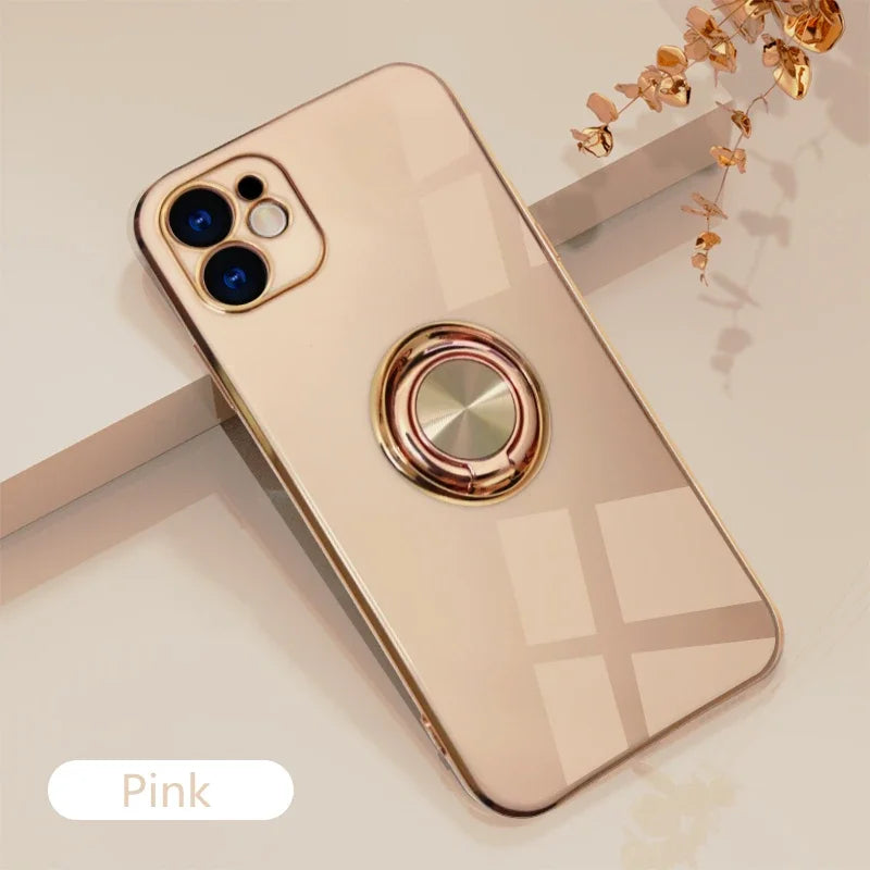 Luxury Plating Silicone Case For iPhone 16 15 14 13 12 11 Pro Xs Max Mini SE XR 8 Metal Ring Holder Stand Shockproof Soft Cover - iBrightCS