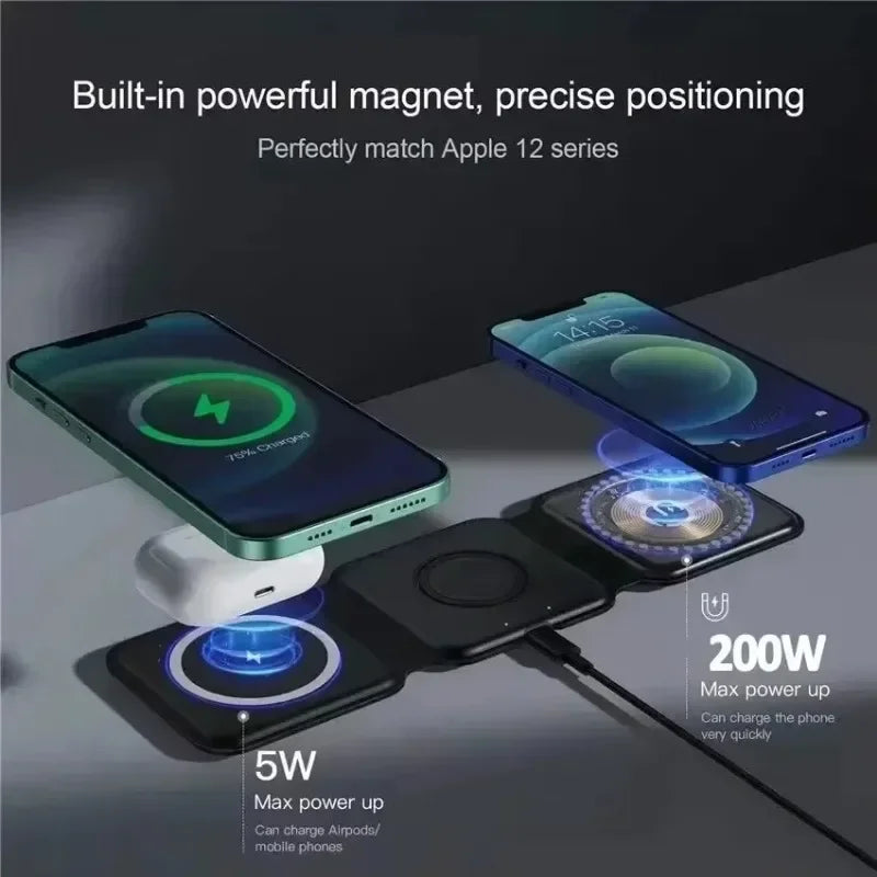 3 in 1 Magnetic Wireless Charger Dock Stand for MagSafe iPhone 16 15 14 13 12 Pro Max Apple Watch 10 9 8 7 AirPods Fast Charging