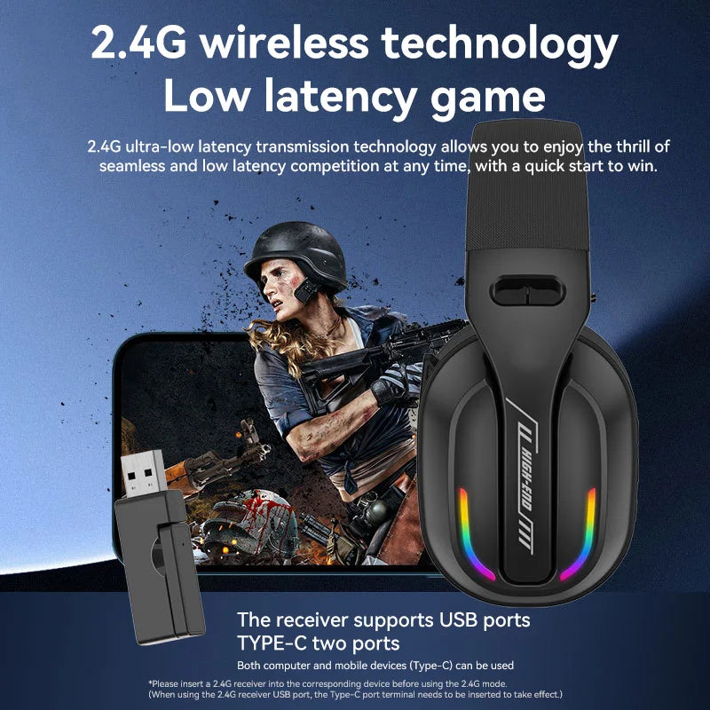 Wireless Gaming Headset GT100 2.4G Over Ear Bluetooth5.4 Headphone HiFi Stereo Sound Sport Running Earphone With Mic For PS4/PS5