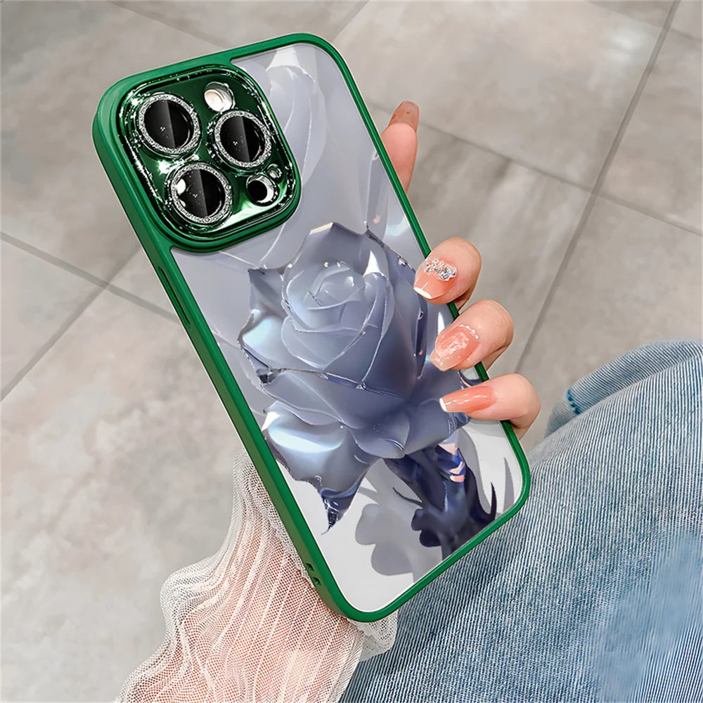 Crystal Rose Transparent Phone Case for iPhone 15 14 ProMax 13 12 11 Pro Max Plus Bling Lens Protection Plating Shockproof Cover