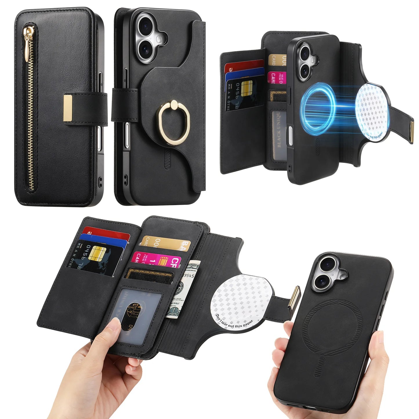 2 in 1 Zipper Wallet Case - iPhone 11 12 13 15 Pro Max 14 Plus & XS XR 8