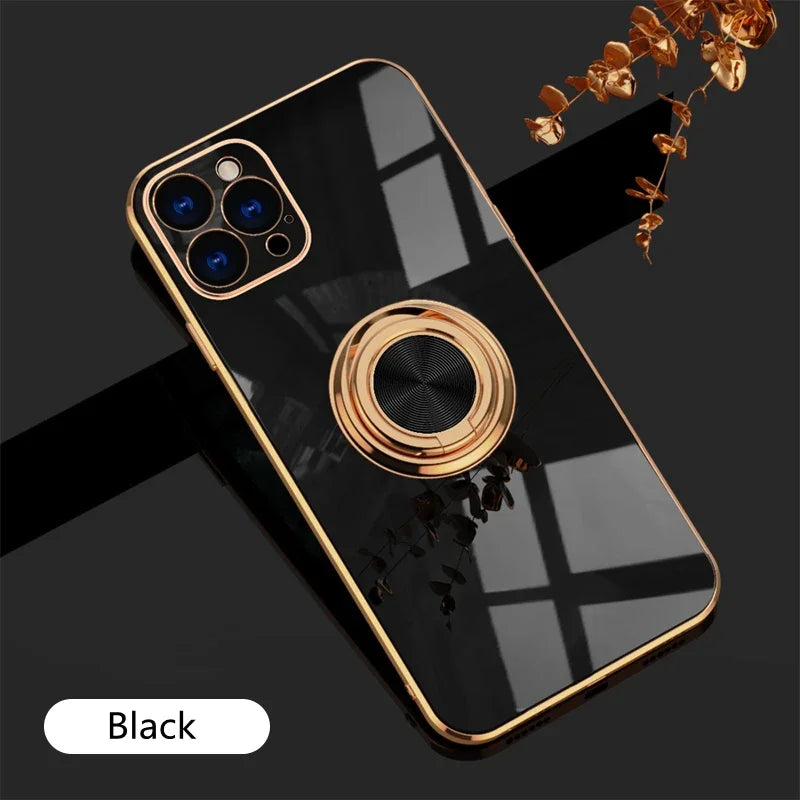 Luxury Plating Silicone Case For iPhone 16 15 14 13 12 11 Pro Xs Max Mini SE XR 8 Metal Ring Holder Stand Shockproof Soft Cover - iBrightCS