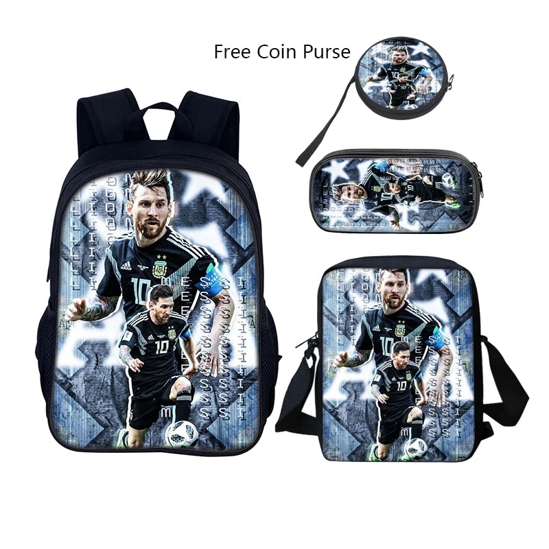 3 pcs set Football Star Child School Backpack with Lunch Bags Pencil Bags School Bags For M-Messis Boys Girls Best Gift