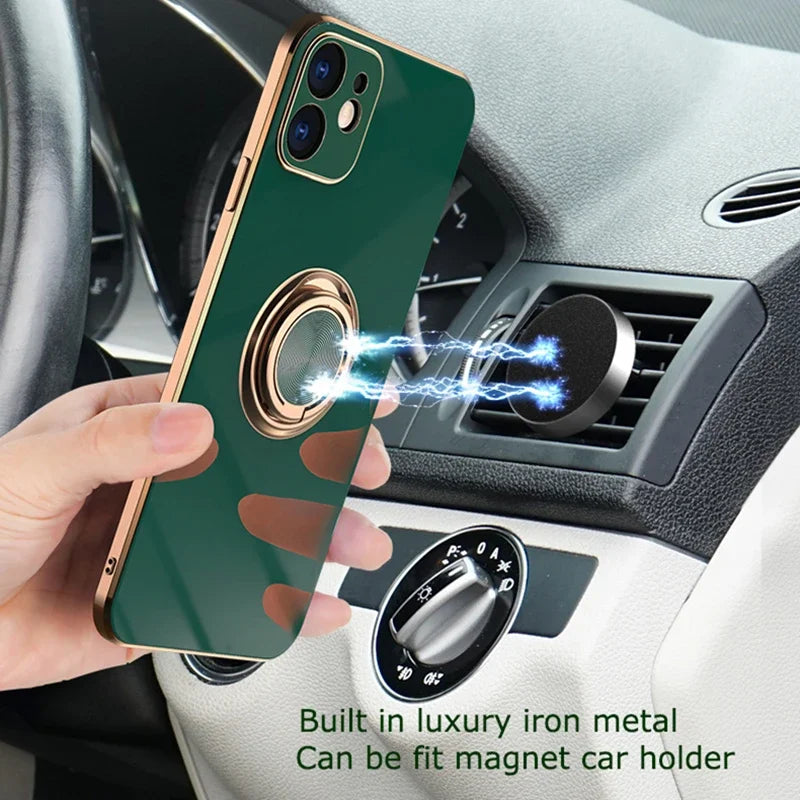 Luxury Plating Silicone Case For iPhone 16 15 14 13 12 11 Pro Xs Max Mini SE XR 8 Metal Ring Holder Stand Shockproof Soft Cover - iBrightCS