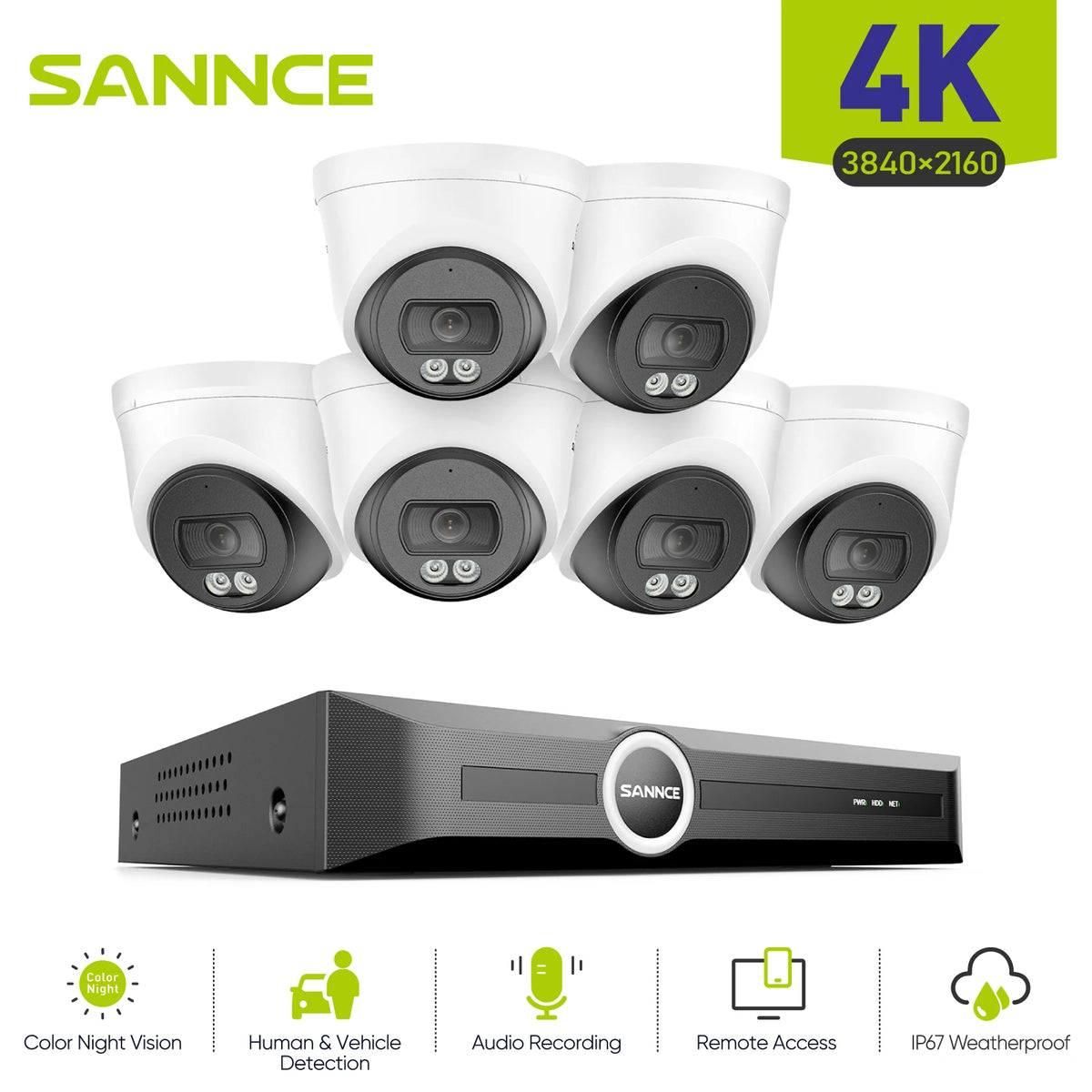 SANNCE 8MP PoE Security Camera Outdoor, 8CH NVR with 2.8mm 4K Home Surveillance Cameras, H.265 Two-Way Audio, AI Human Vehicle Detection, 128° Dual Light Night Vision CCTV Surveillance Camera ONVIF
