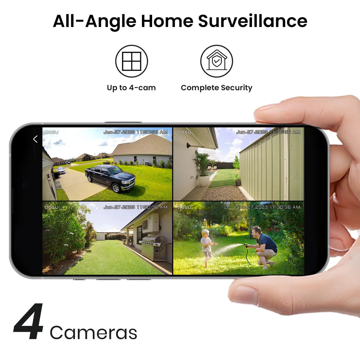 Renewed AOSU Wireless 4 Cams Kit Solar Camera System 5000mAh Battery 360° View PTZ Cameras with Solar Panel Wifi Camera Set