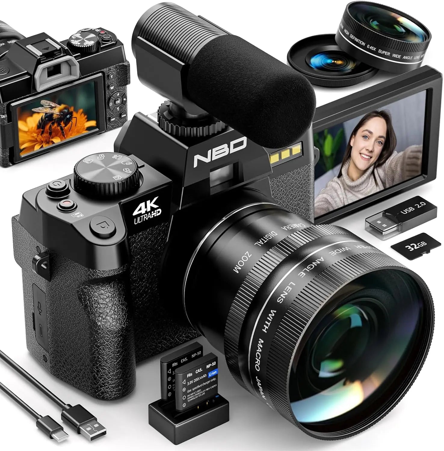 NBD 4K Digital Cameras for Photography,48MP Camera,Travel Vlogging Cameras with 16X Digital Zoom,180°Flip Screen,52mm Macro Lens - iBrightCS