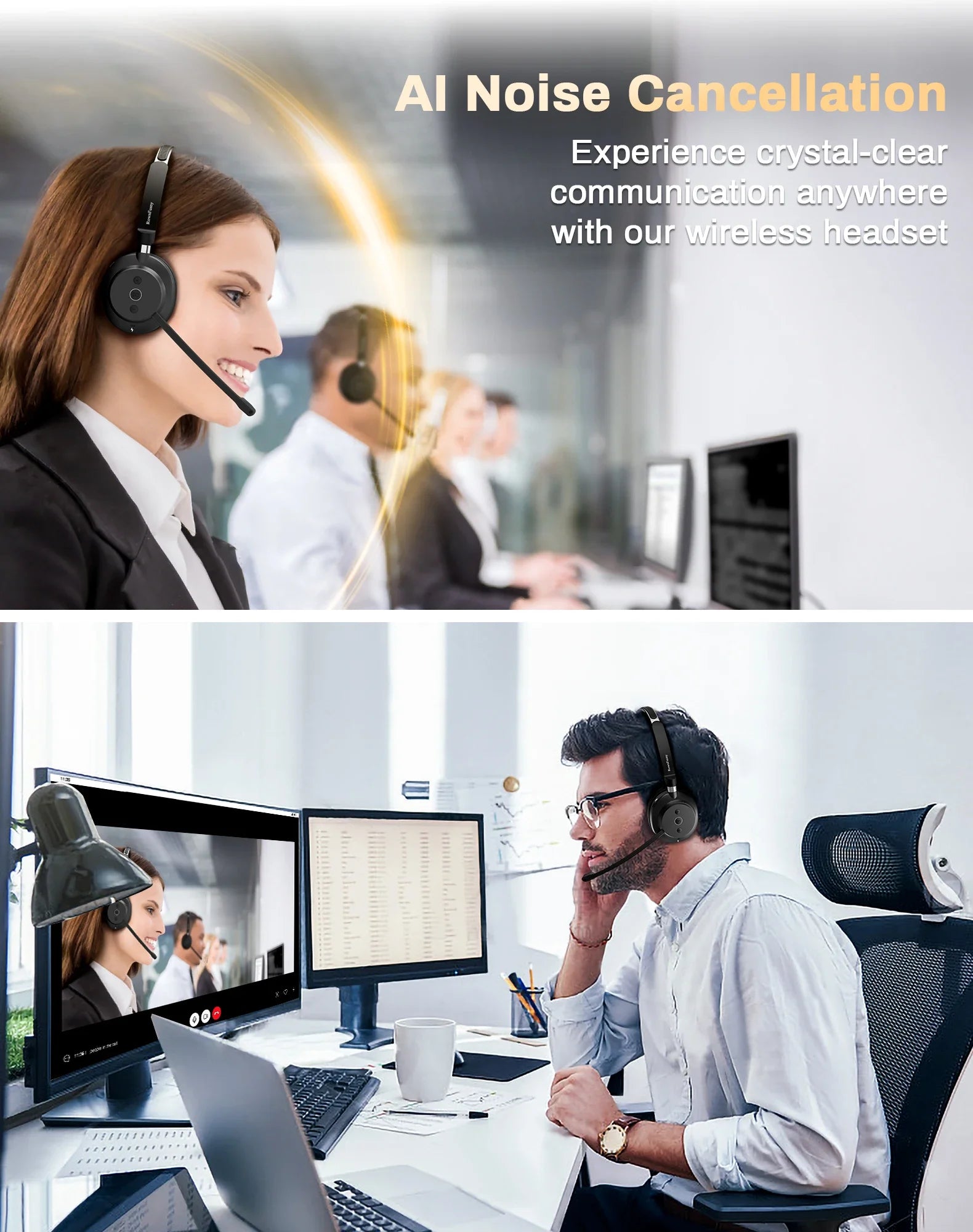 Rown Fusny Call Center Wireless Headset Bluetooth 5.3 Computer Headphones Bluetooth Headsets with USB Noise Reduction Mic R03