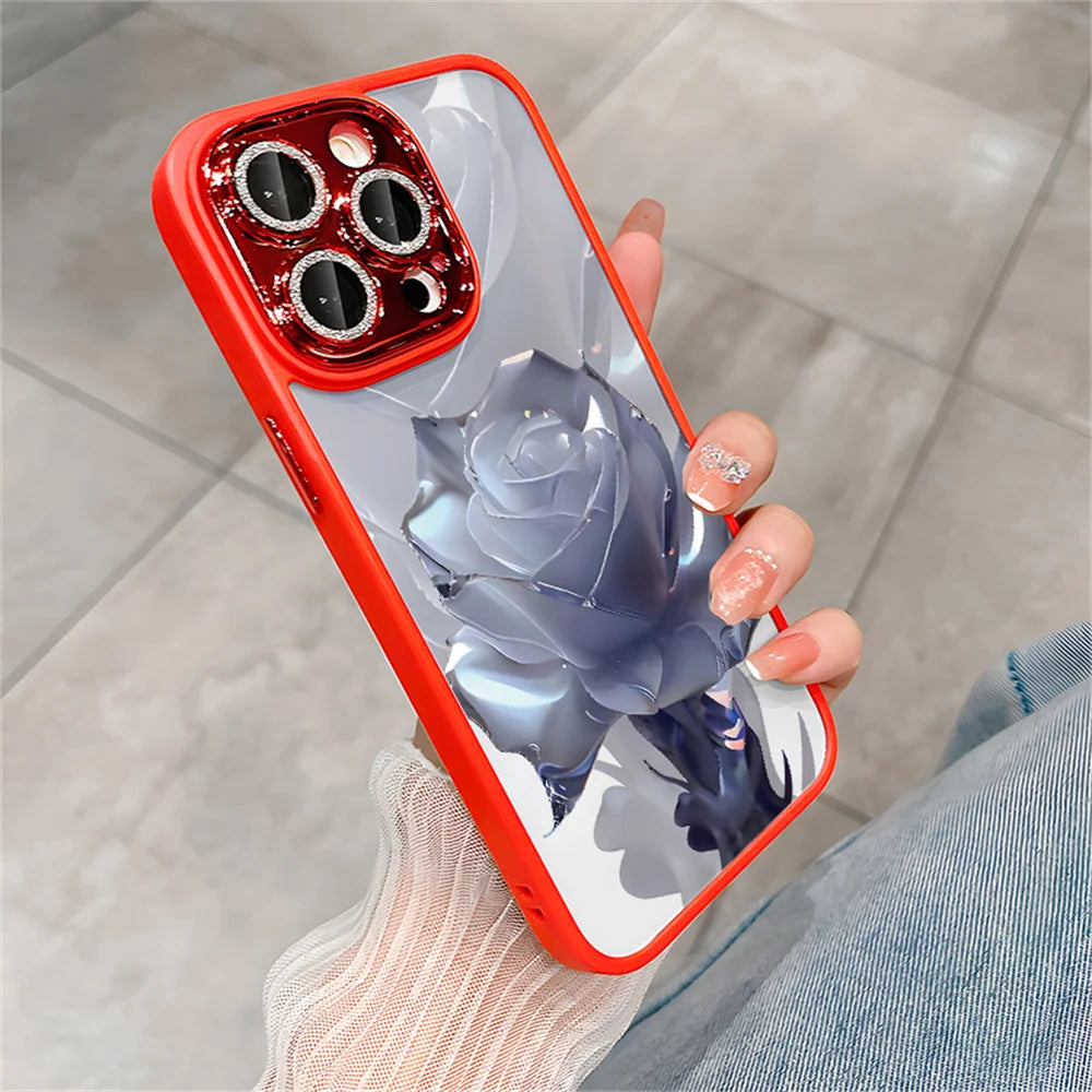 Crystal Rose Transparent Phone Case for iPhone 15 14 ProMax 13 12 11 Pro Max Plus Bling Lens Protection Plating Shockproof Cover