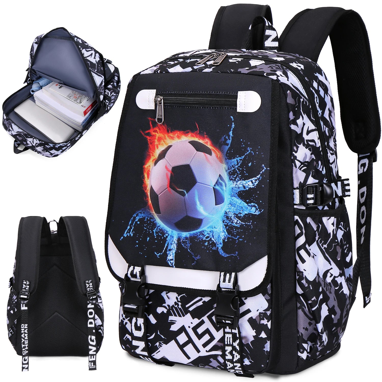 Large Capacity Student Backpack Football Motif Men's Bag Ideal for School Supplies And Daily Use