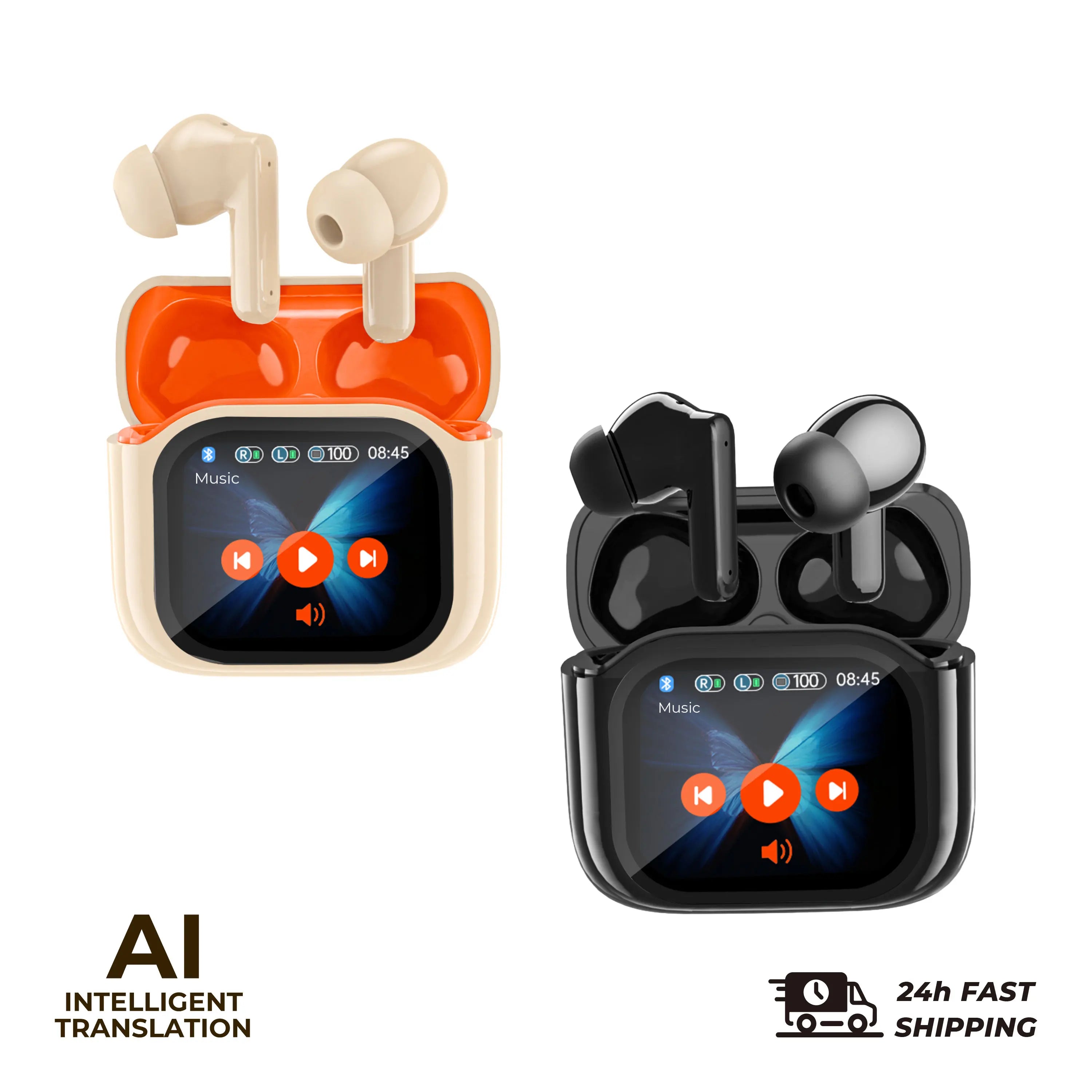 2PCS Touch Screen Translation Headphones 144 Languages Two-Way Real Time Translator Headsets Travel Business Bluetooth Earbuds - iBrightCS