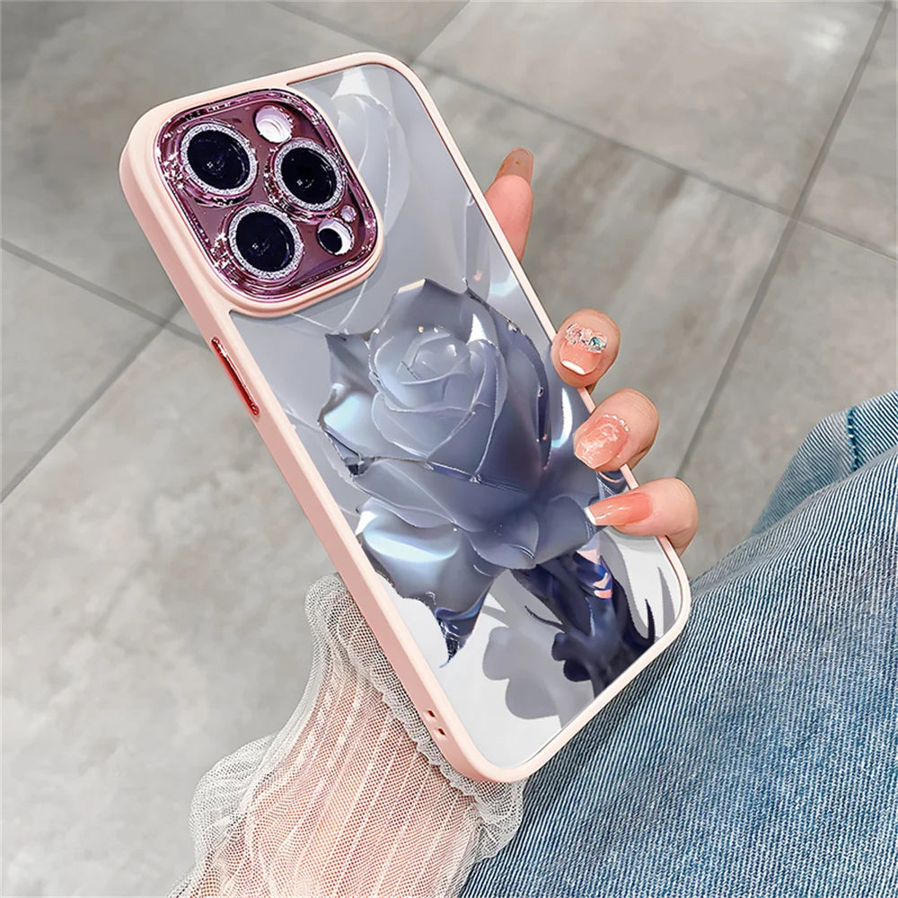 Crystal Rose Transparent Phone Case for iPhone 15 14 ProMax 13 12 11 Pro Max Plus Bling Lens Protection Plating Shockproof Cover