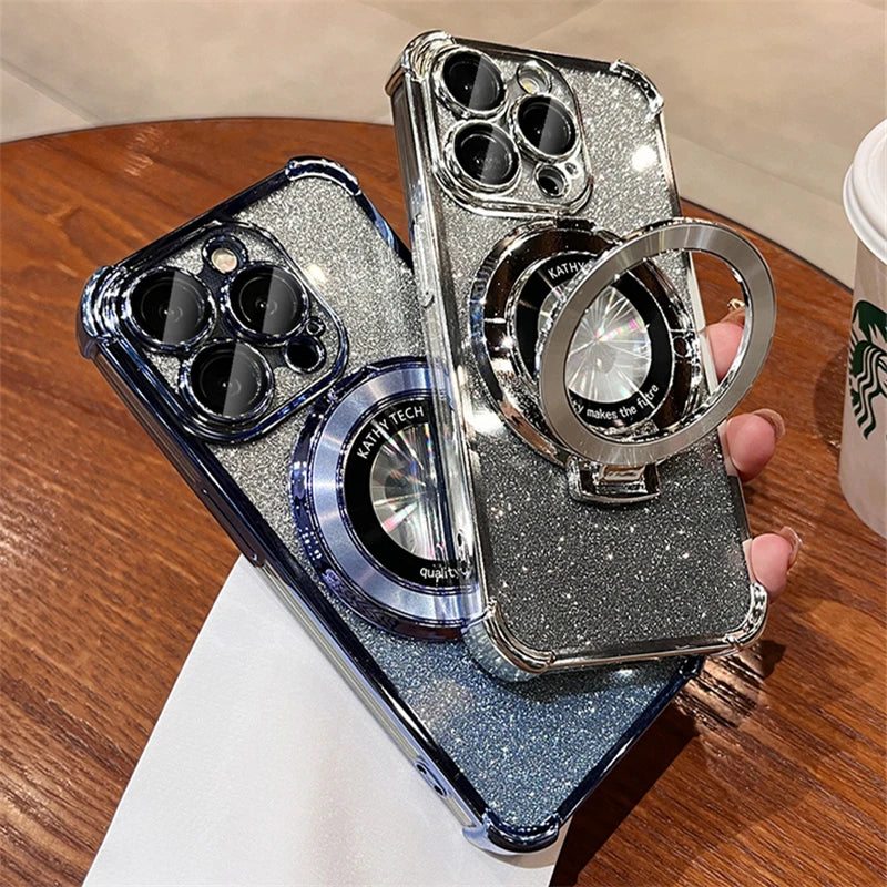 Luxury Plating Magsafe Magnetic Holder Stand Phone Case For iPhone 11 12 13 14 15 16 Pro Max Bumper Protector On 15 Plus Cover - iBrightCS