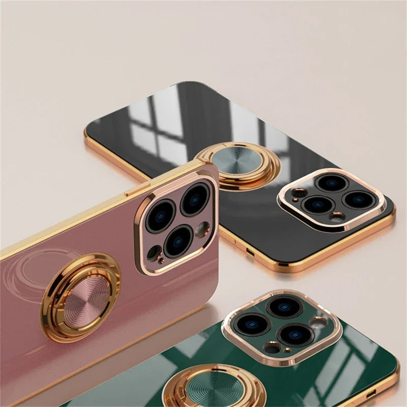 Luxury Plating Silicone Case For iPhone 16 15 14 13 12 11 Pro Xs Max Mini SE XR 8 Metal Ring Holder Stand Shockproof Soft Cover - iBrightCS