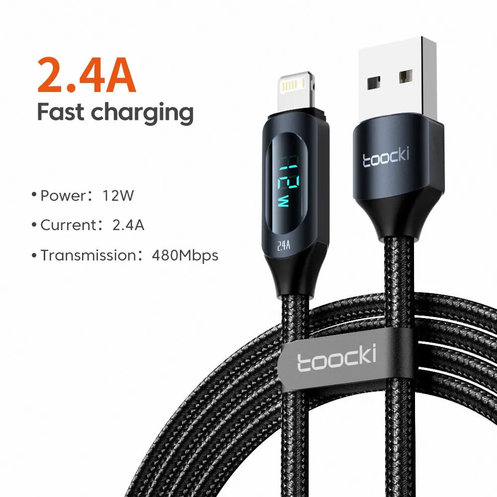 LED Display USB Cable For iPhone 14 13 12 11 Pro Max Fast Charger Charging Lightning 2.4A USB Wire Cord X XR 8 7 1m 2m