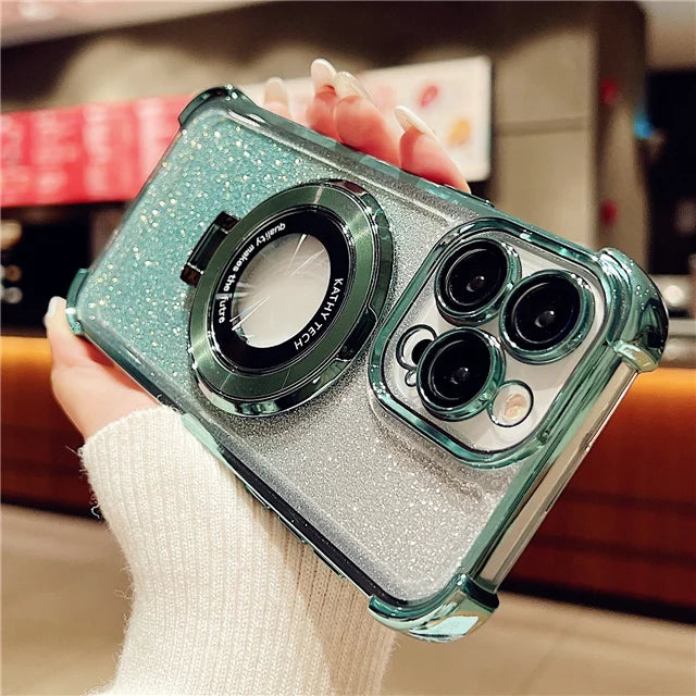 Luxury Plating Magsafe Magnetic Holder Stand Phone Case For iPhone 11 12 13 14 15 16 Pro Max Bumper Protector On 15 Plus Cover - iBrightCS