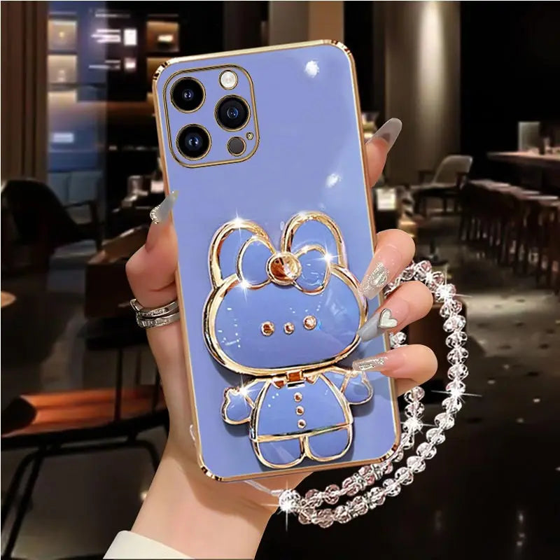 Diamond Strap Mirror Rabbit Phone Holder On Case For iPhone 15 14 13 12 11 Xs Pro Max Mini X XR Apple 6 6s 7 8 Plus Stand Cover - iBrightCS