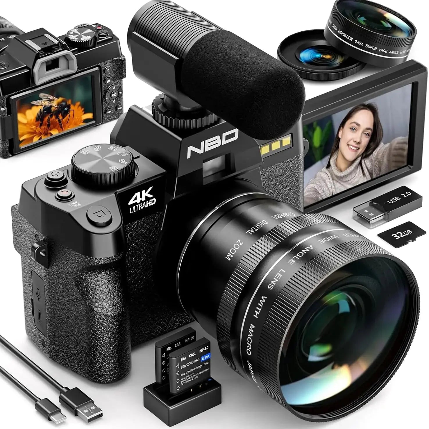 NBD 4K Digital Cameras for Photography,48MP Camera,Travel Vlogging Cameras with 16X Digital Zoom,180°Flip Screen,52mm Macro Lens - iBrightCS