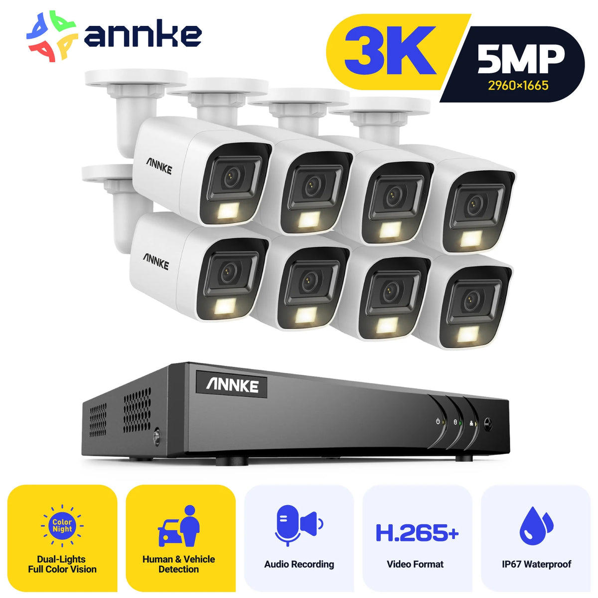 ANNKE H.265+ 5MP Security Camera System 8CH 5 IN1 DVR With 4/8 PCS 3K Analog Camera color Night Vision CCTV Camera System Kit