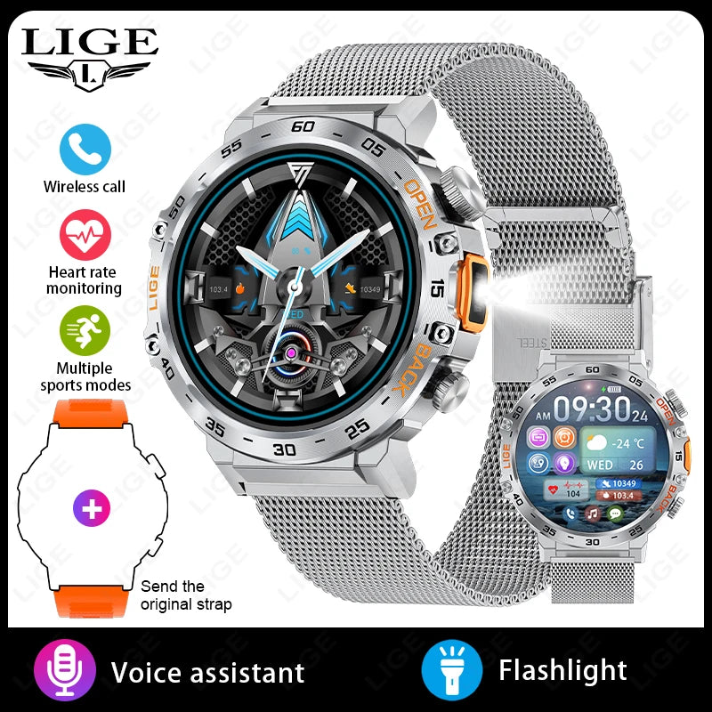 LIGE 2024 Smart Watch Men 360*360 AMOLED HD Screen Waterproof Sport Fitness Watches Flashlight New Men Smartwatch For Andrio IOS