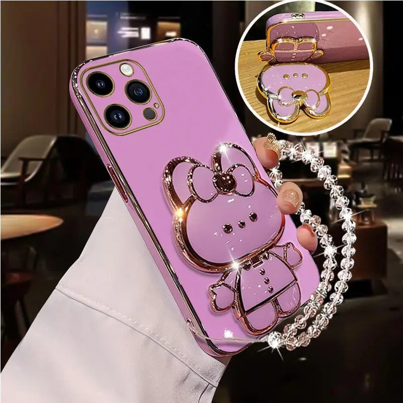 Diamond Strap Mirror Rabbit Phone Holder On Case For iPhone 15 14 13 12 11 Xs Pro Max Mini X XR Apple 6 6s 7 8 Plus Stand Cover - iBrightCS