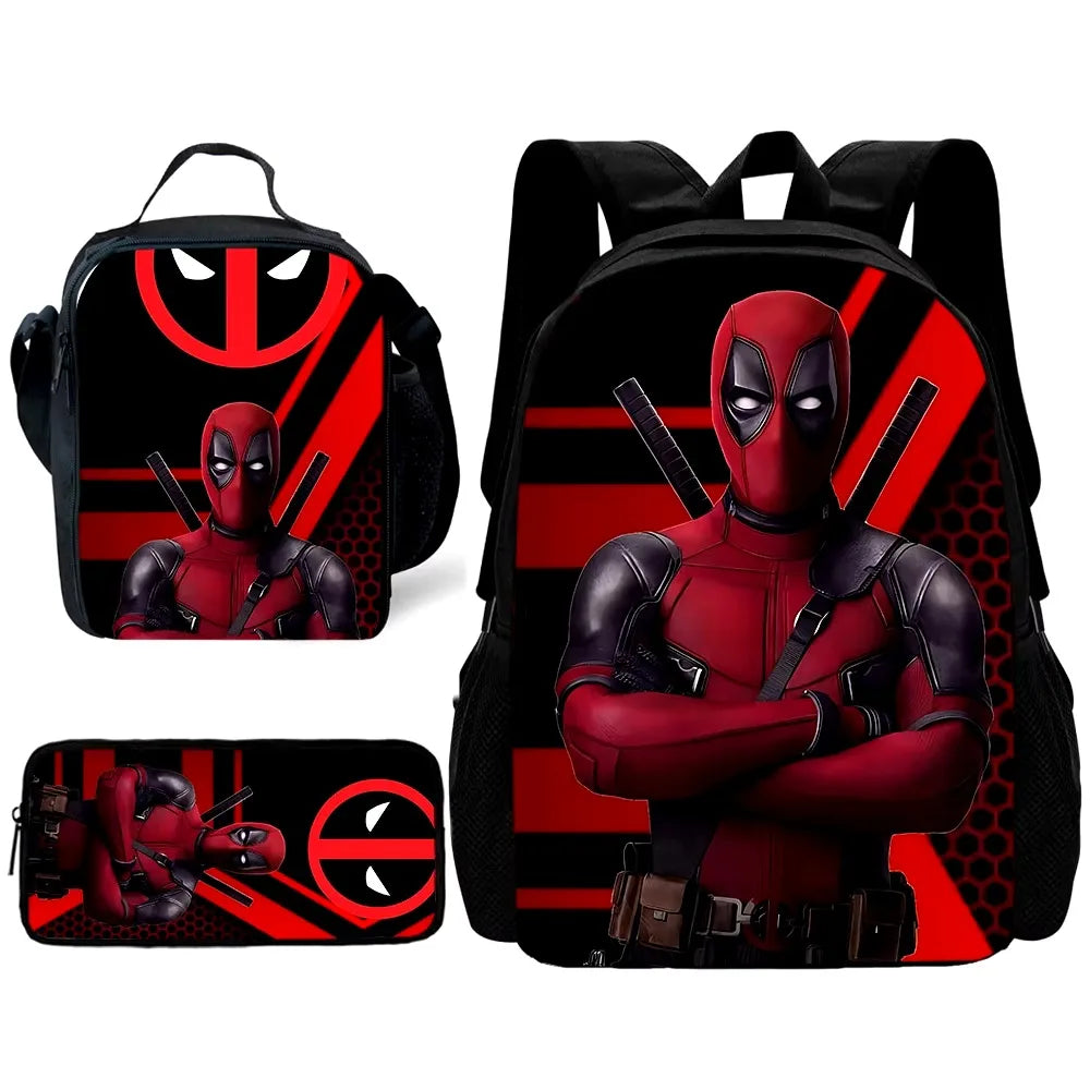 3 pcs set Deadpools Super Heroes Child School Backpack with Lunch Bags ,Pencil Bags ,School Bags for Boys Girls Best Gift