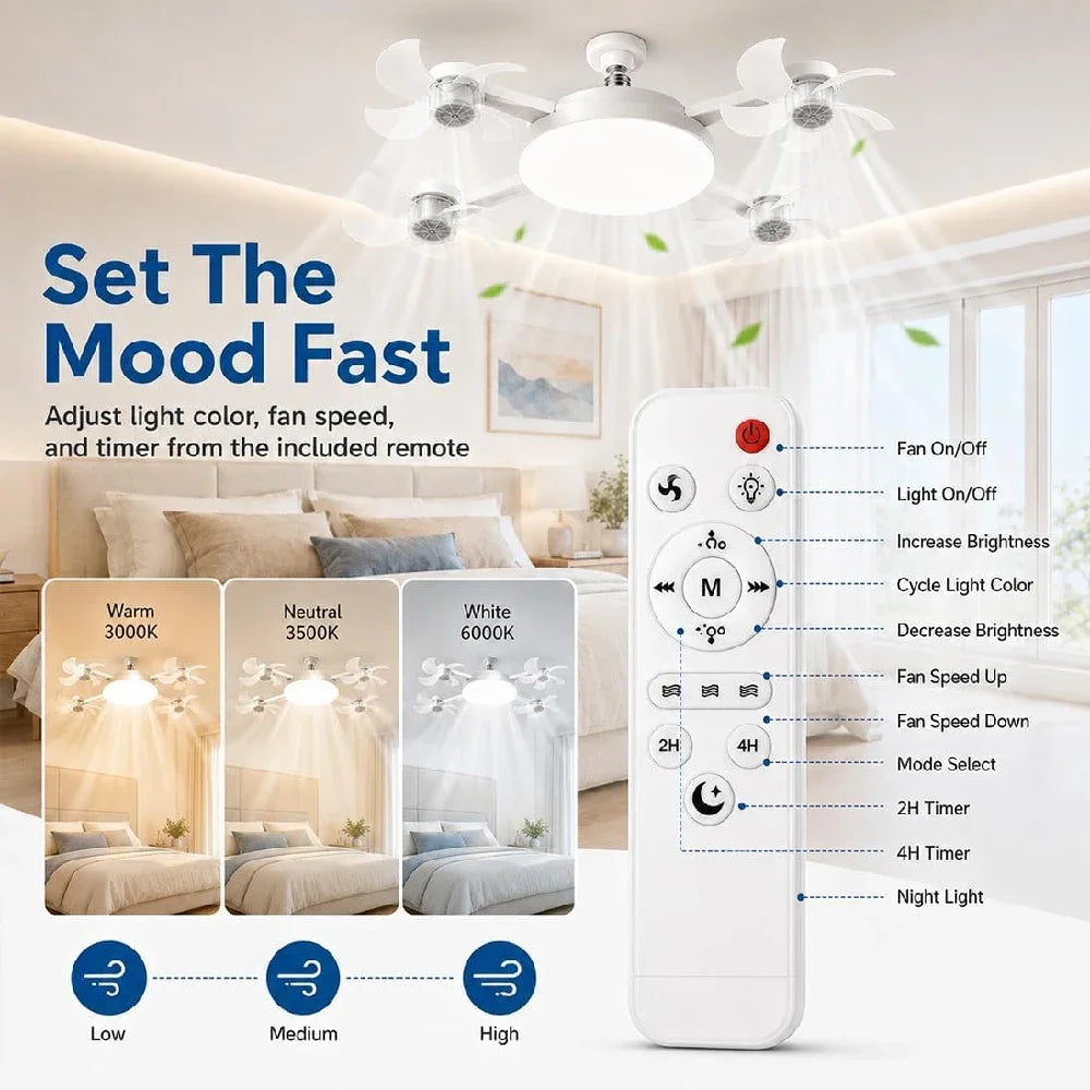 Socket Fan Light with Remote, Ceiling Fan with Lights E27 Screw, 3 Color Temperatures LED, 3 Speed, for Bedroom, Kitchen