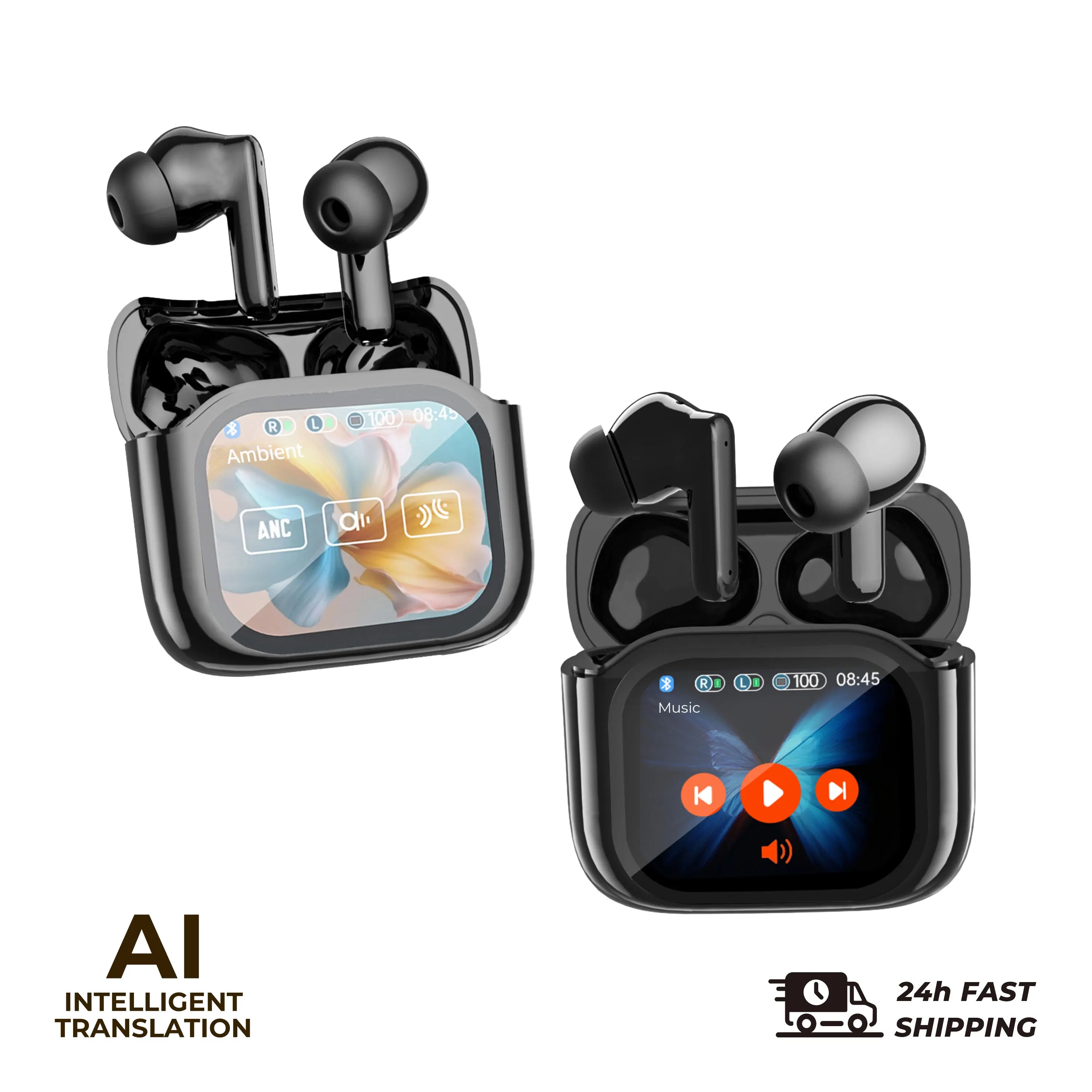 2PCS Touch Screen Translation Headphones 144 Languages Two-Way Real Time Translator Headsets Travel Business Bluetooth Earbuds - iBrightCS