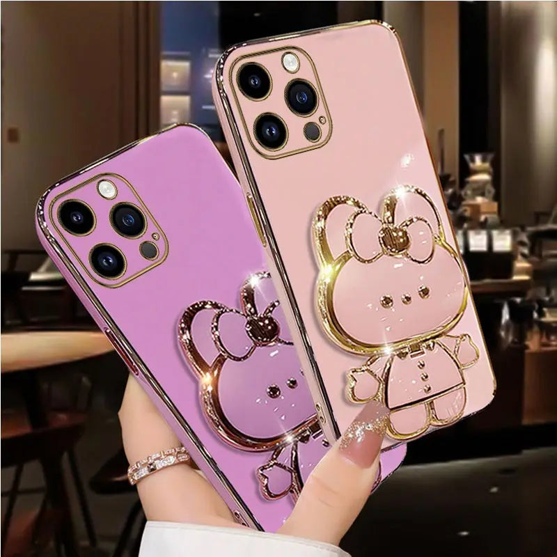 Diamond Strap Mirror Rabbit Phone Holder On Case For iPhone 15 14 13 12 11 Xs Pro Max Mini X XR Apple 6 6s 7 8 Plus Stand Cover - iBrightCS