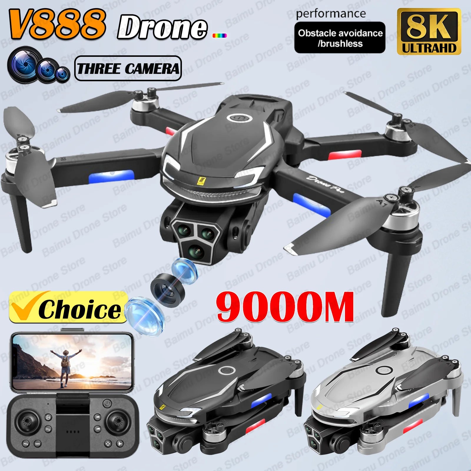 New V888 Brushless Drone 8K Professional HD Triple Camera Obstacle Avoidance No GPS Optical Flow Positioning RC Quadcopter Toys - iBrightCS