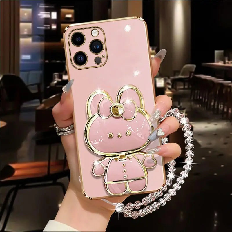 Diamond Strap Mirror Rabbit Phone Holder On Case For iPhone 15 14 13 12 11 Xs Pro Max Mini X XR Apple 6 6s 7 8 Plus Stand Cover - iBrightCS
