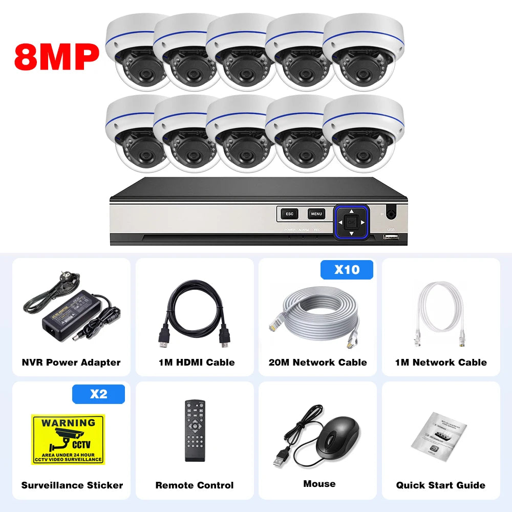 Gadinan 4K POE 10CH NVR Kit 8MP Security Vandalproof Dome Camera System CCTV Outdoor IP Home Video Kit Surveillance Camera Set