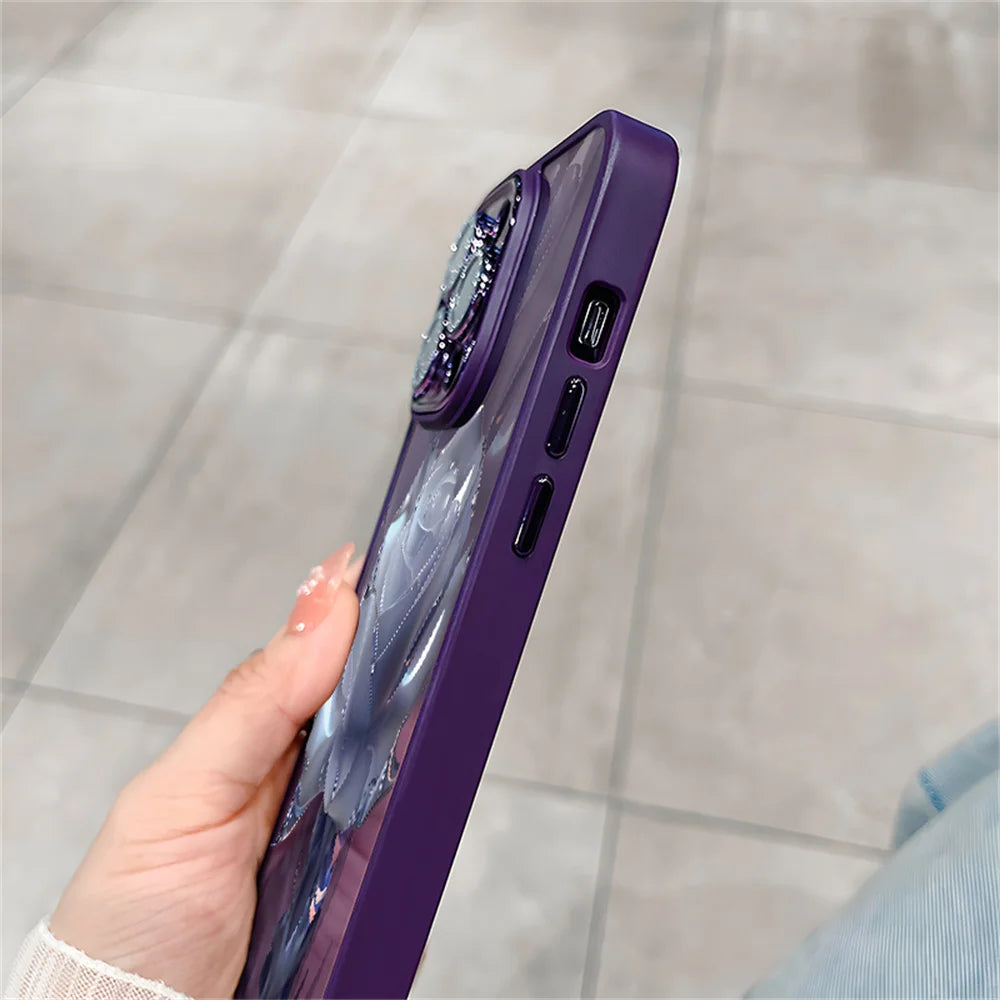 Crystal Rose Transparent Phone Case for iPhone 15 14 ProMax 13 12 11 Pro Max Plus Bling Lens Protection Plating Shockproof Cover